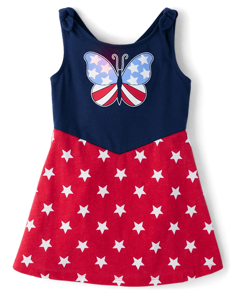Baby And Toddler Girls Glitter Americana Butterfly Tie Shoulder Dress