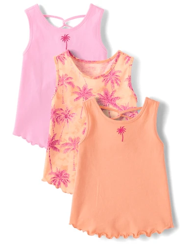 Toddler Girls Embroidered Palm Tree Lettuce Tank Top 3-Pack