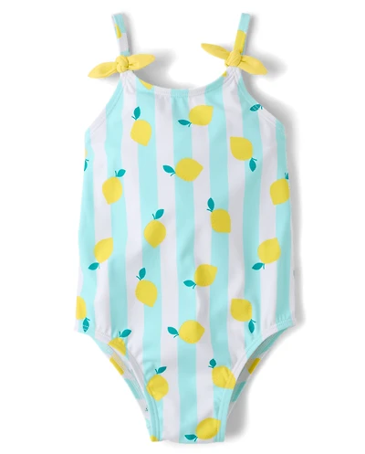 Baby And Toddler Girls Striped Lemon Tie Shoulder One Piece Swimsuit