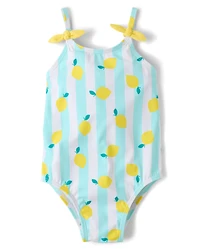 Baby And Toddler Girls Striped Lemon Tie Shoulder One Piece Swimsuit
