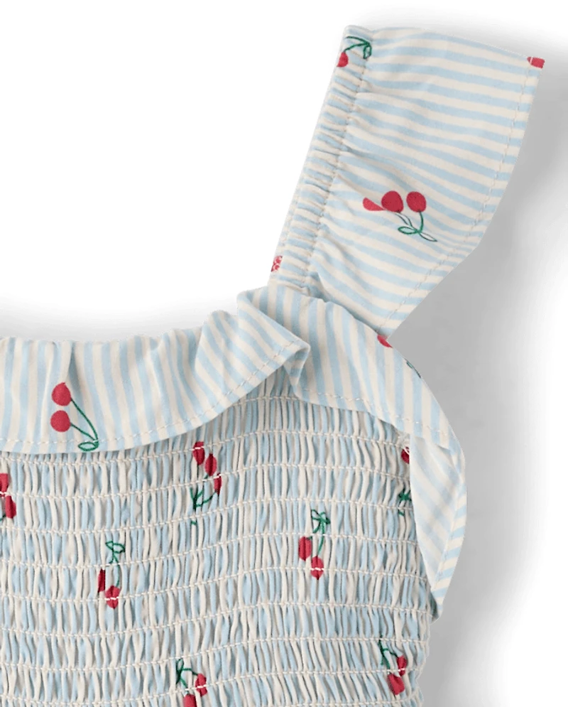 Robe à volants et fronces rayures cerises pour petites filles