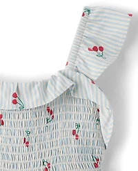 Robe à volants et fronces rayures cerises pour petites filles