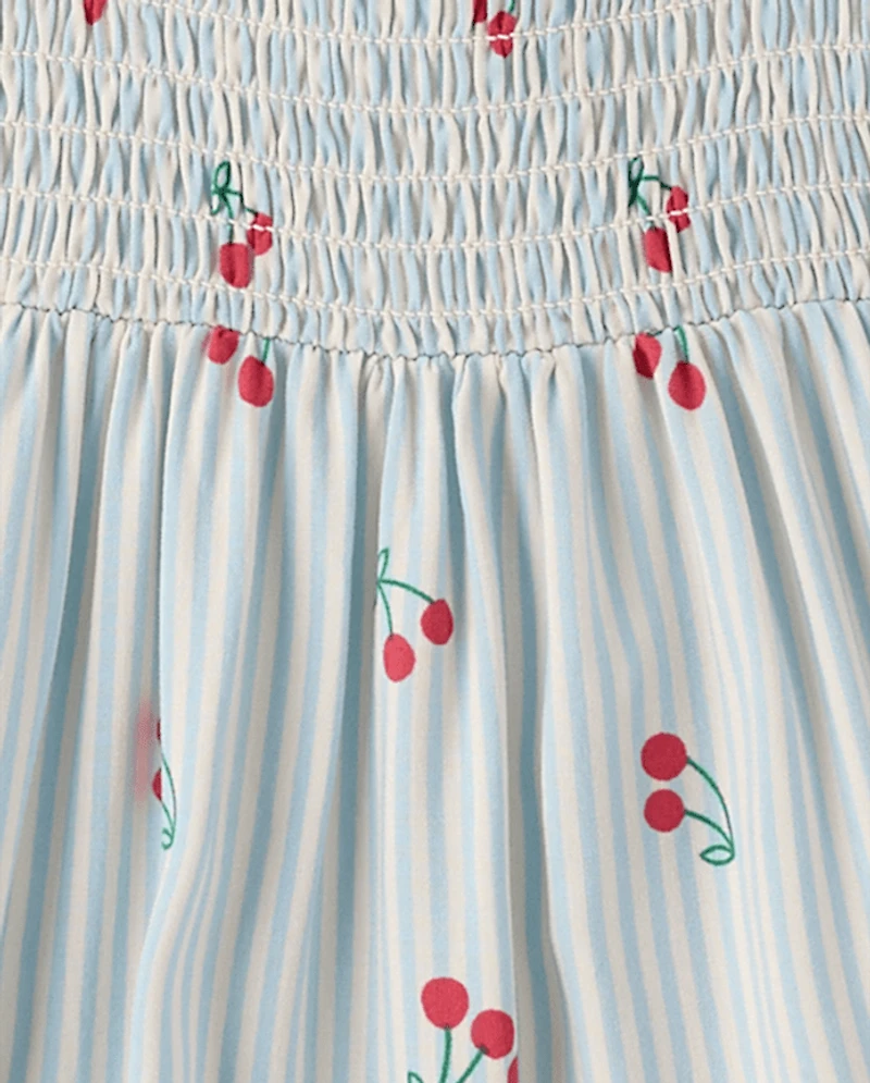 Toddler Girls Striped Cherry Smocked Ruffle Dress