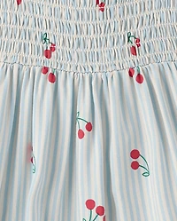 Toddler Girls Striped Cherry Smocked Ruffle Dress