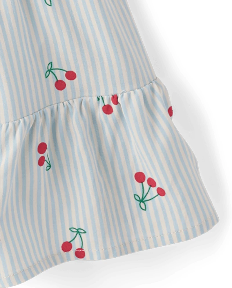Toddler Girls Striped Cherry Smocked Ruffle Dress