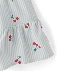 Toddler Girls Striped Cherry Smocked Ruffle Dress