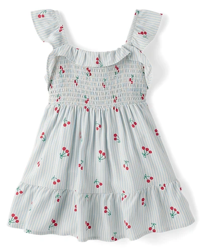 Toddler Girls Striped Cherry Smocked Ruffle Dress