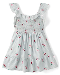 Toddler Girls Striped Cherry Smocked Ruffle Dress