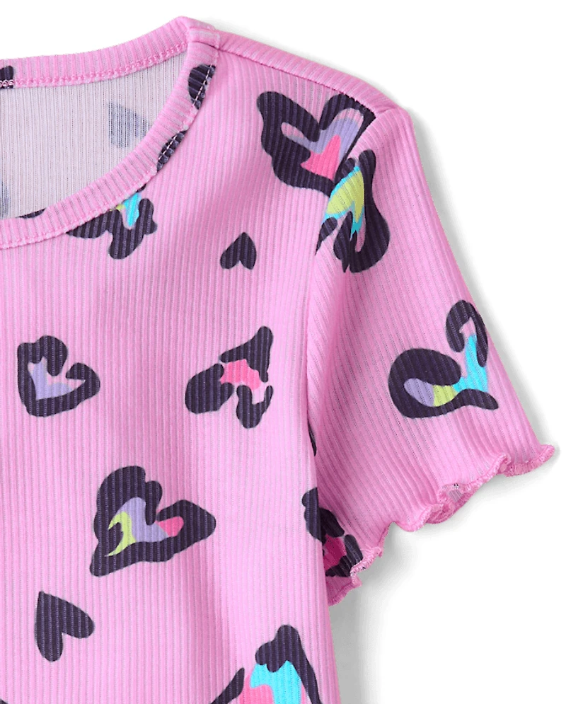Girls Leopard Heart Lettuce Pajamas