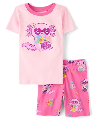 Girls Summer Axolotl Snug Fit Cotton Pajamas
