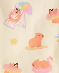 Pyjama d'été pour filles, motif capybara, coupe ajustée, en coton