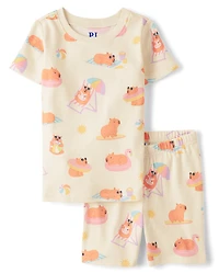 Pyjama d'été pour filles, motif capybara, coupe ajustée, en coton