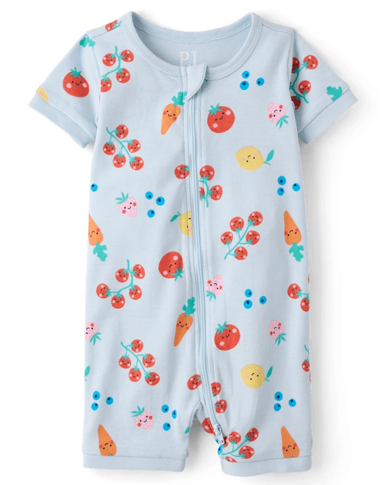 Pyjama une pièce court en coton à motif légumes pour bébés et petites filles