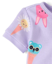 Pyjama une pièce court en coton, coupe ajustée, motif cornet de glace, pour bébés et petites filles