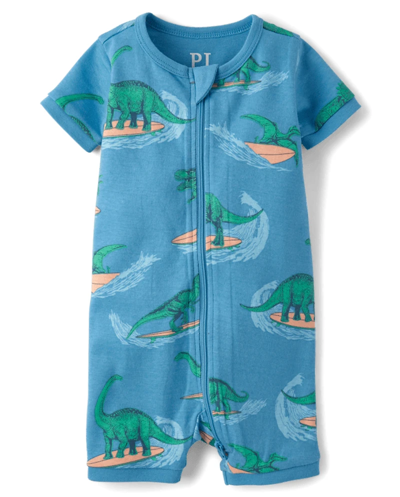 Pyjama une pièce court en coton, coupe ajustée, motif dinosaure surfeur, pour bébés et petits garçons