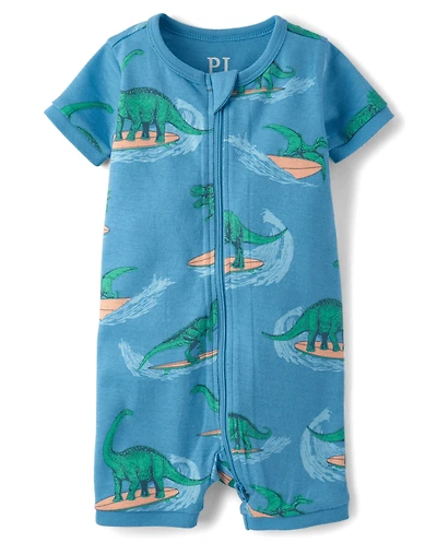 Pyjama une pièce court en coton, coupe ajustée, motif dinosaure surfeur, pour bébés et petits garçons