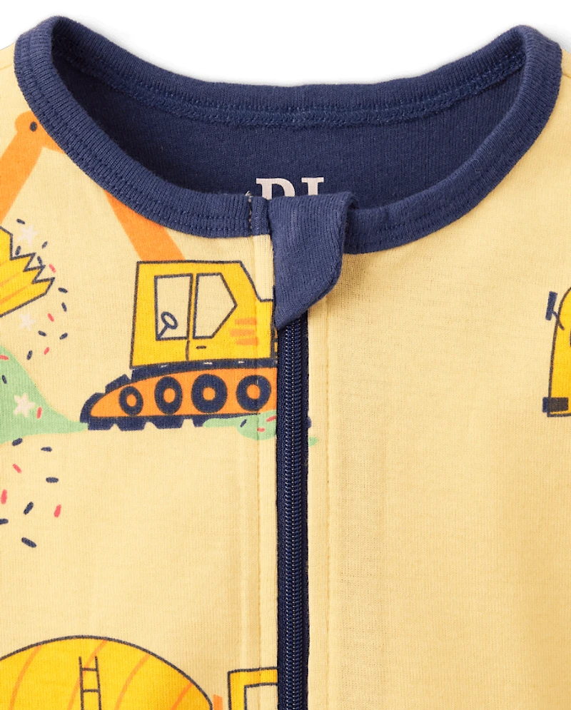 Pyjama une pièce court en coton, coupe ajustée, motif véhicules de chantier, pour bébés et petits garçons