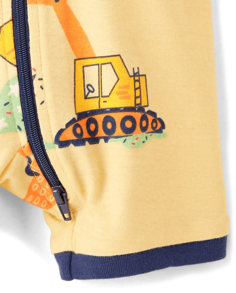 Pyjama une pièce court en coton, coupe ajustée, motif véhicules de chantier, pour bébés et petits garçons