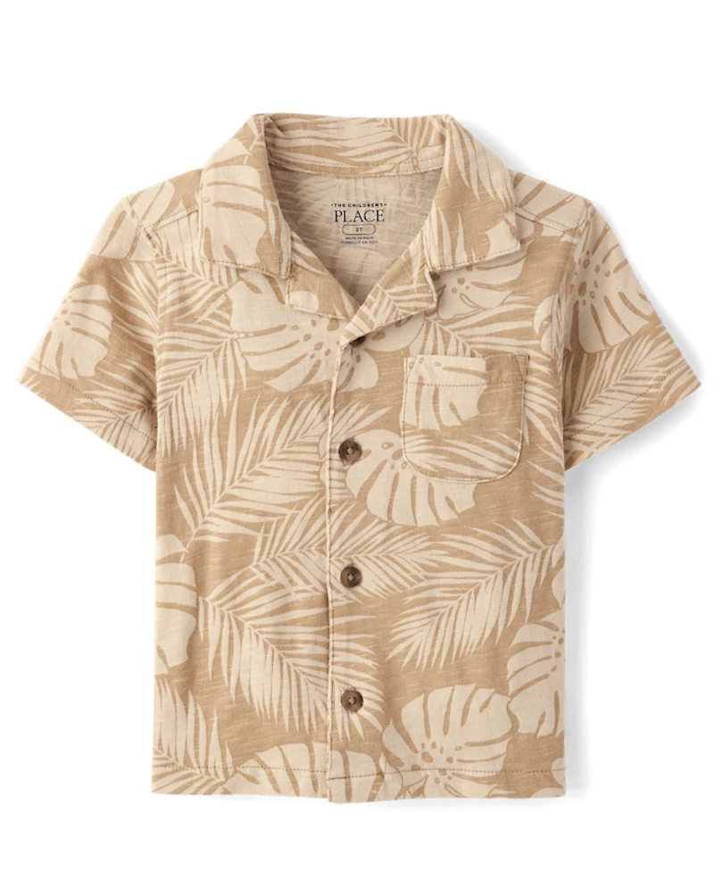 Baby And Toddler Boys Tropical Leaf Knit Button Up Shirt