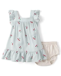 Baby Girls Striped Cherry Ruffle Dress