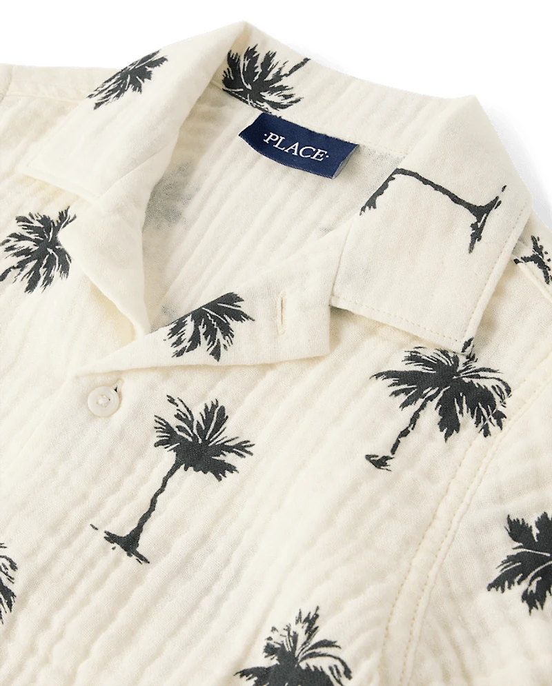 Boys Palm Tree Gauze Button Up Shirt