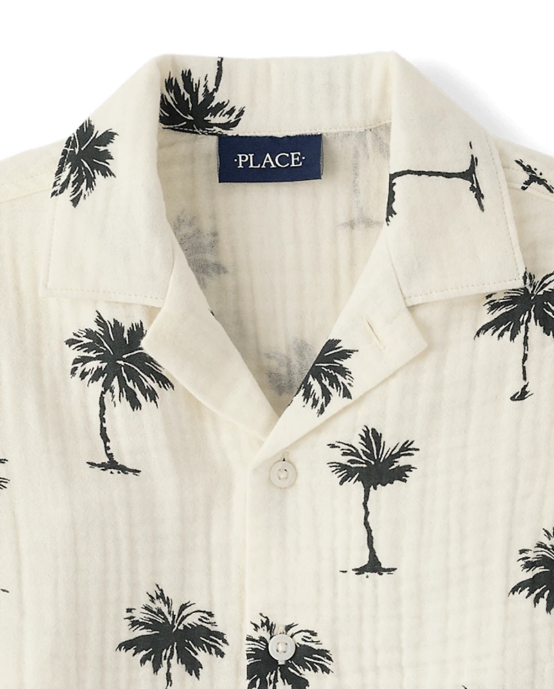 Boys Palm Tree Gauze Button Up Shirt
