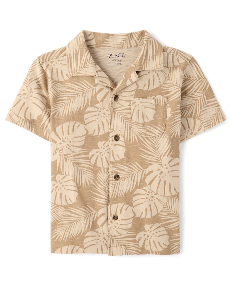 Chemise boutonnée en maille à motif de feuilles tropicales pour garçon