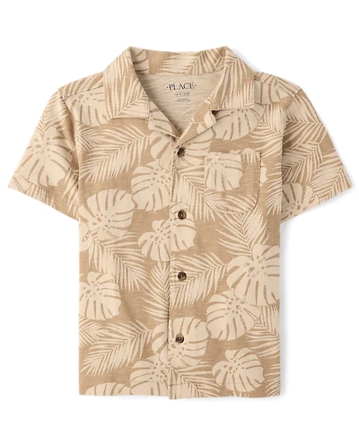 Chemise boutonnée en maille à motif de feuilles tropicales pour garçon