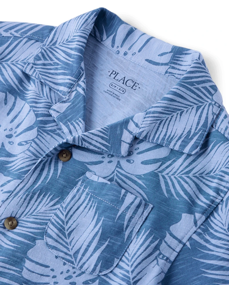 Boys Tropical Leaf Knit Button Up Shirt