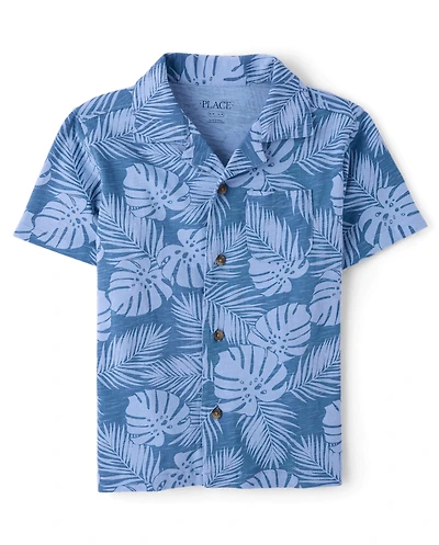 Boys Tropical Leaf Knit Button Up Shirt