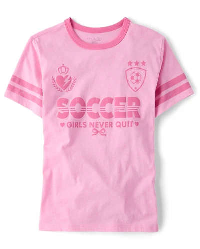 T-shirt graphique décontracté pour filles, style football, à col rond.