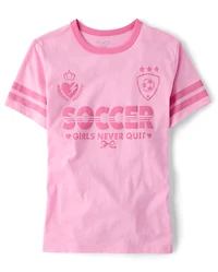T-shirt graphique décontracté pour filles, style football, à col rond.