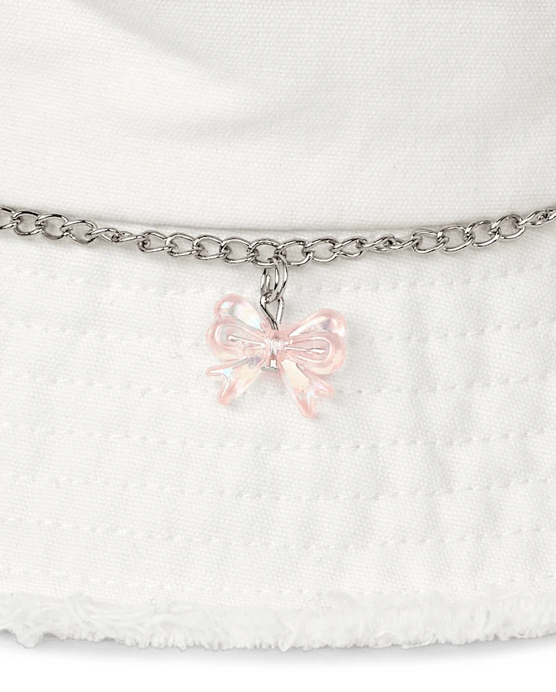 Girls Bow Frayed Denim Bucket Hat