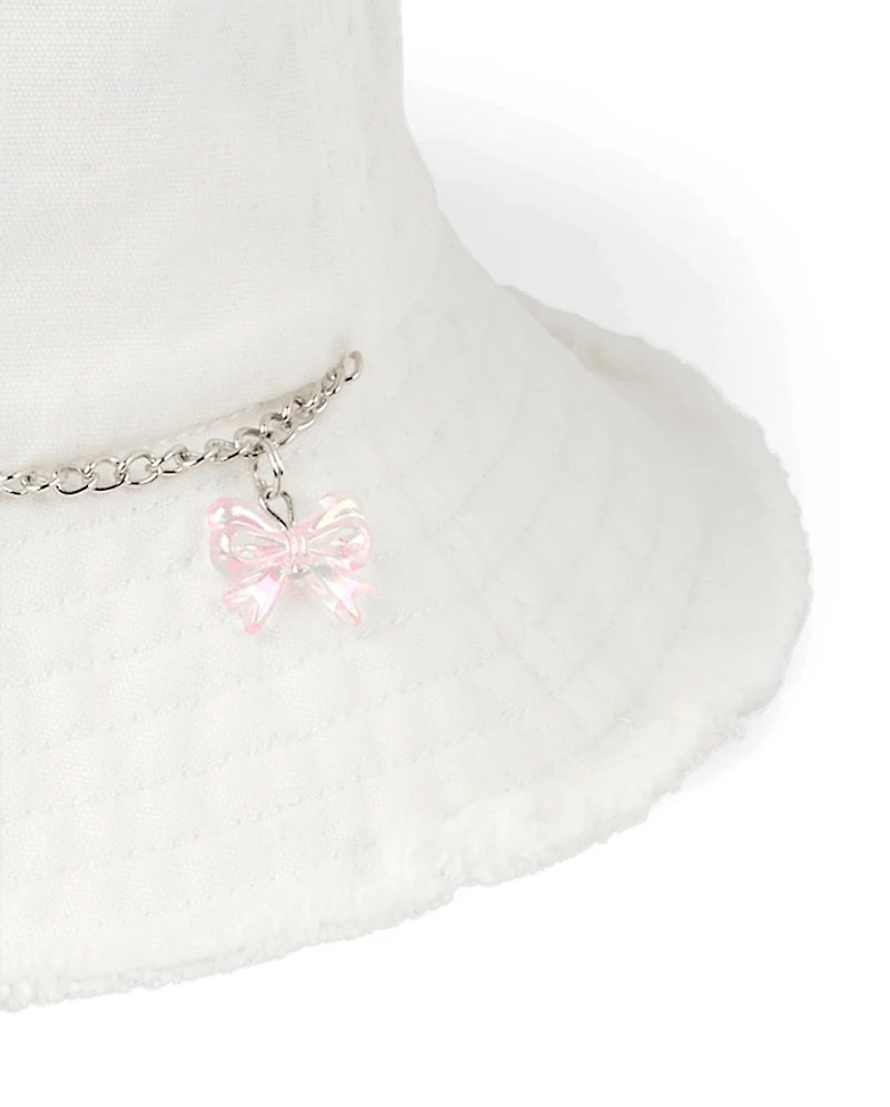 Girls Bow Frayed Denim Bucket Hat