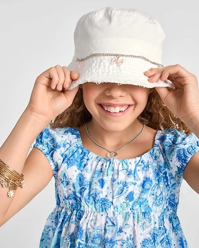 Girls Bow Frayed Denim Bucket Hat