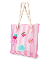 Girls Striped Embroidered Patch Beach Tote Bag