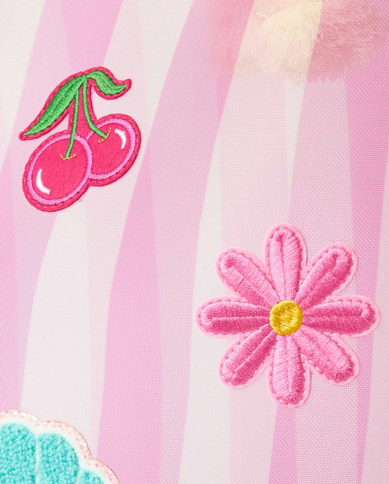 Girls Striped Embroidered Patch Beach Tote Bag