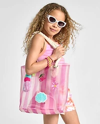 Girls Striped Embroidered Patch Beach Tote Bag