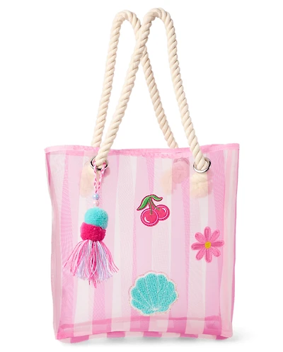 Girls Striped Embroidered Patch Beach Tote Bag
