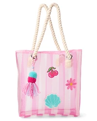 Girls Striped Embroidered Patch Beach Tote Bag