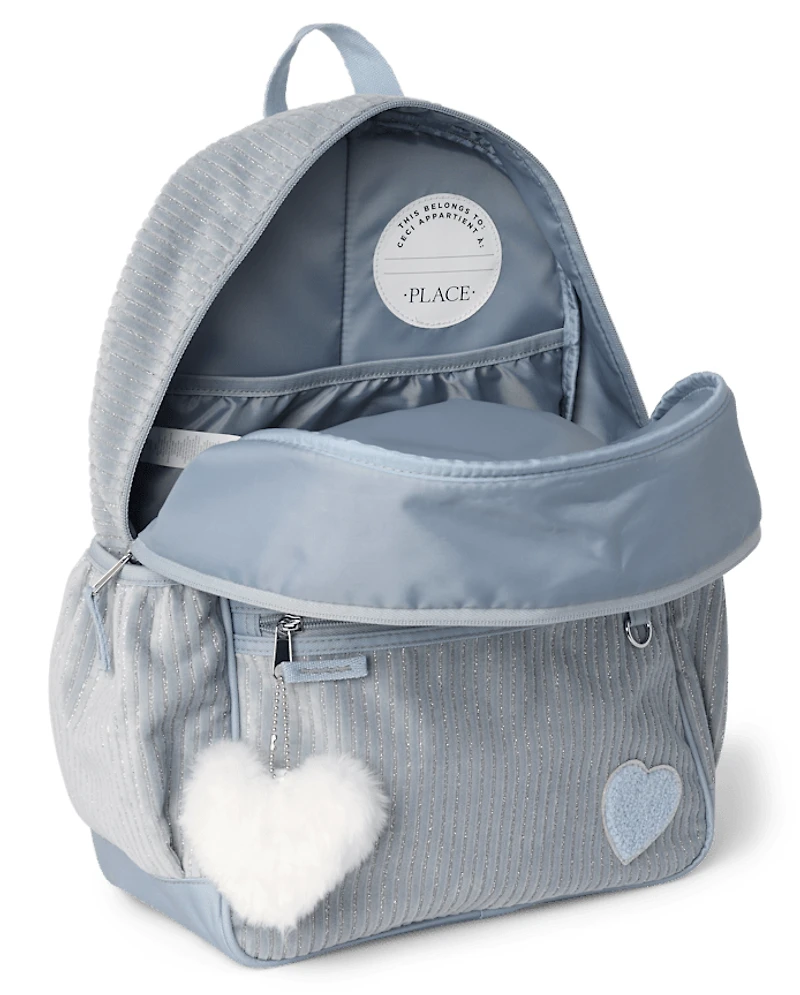 Girls Embroidered Heart Corduroy Backpack