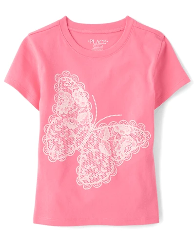 Girls Faux Lace Butterfly Graphic Tee
