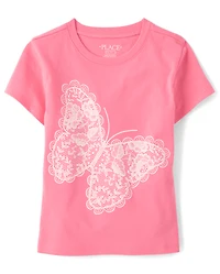 Girls Faux Lace Butterfly Graphic Tee