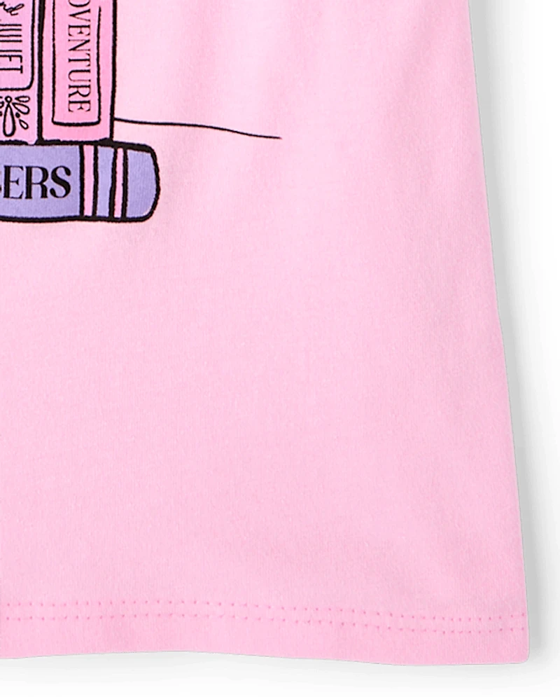 T-shirt graphique pour filles, motif chat et livres d'école