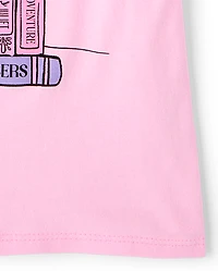 T-shirt graphique pour filles, motif chat et livres d'école