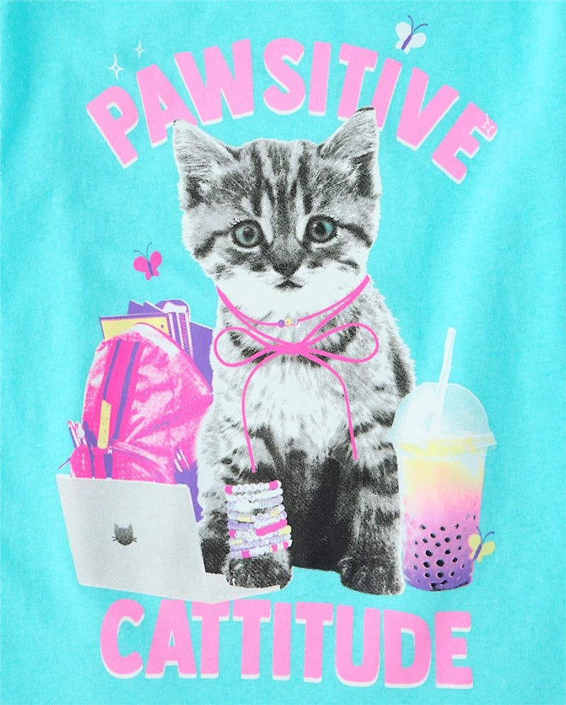 Girls School Pawsitive Cattitude Graphic Tee