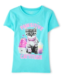 Girls School Pawsitive Cattitude Graphic Tee