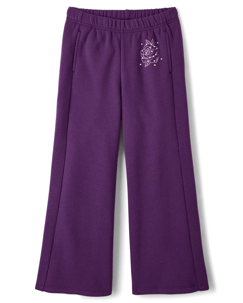 Girls Studded Premium Fleece Wide Leg Sweatpants