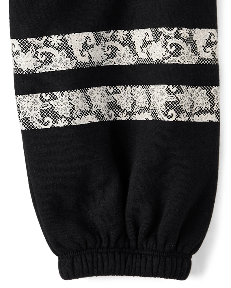 Girls Faux Lace Premium Fleece Baggy Jogger Pants