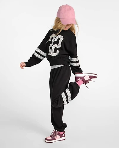 Girls Faux Lace Premium Fleece Baggy Jogger Sweatpants
